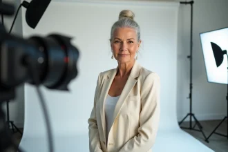 Mannequin senior femme aux cheveux argentés posant lors d'un shooting mode en studio professionnel
