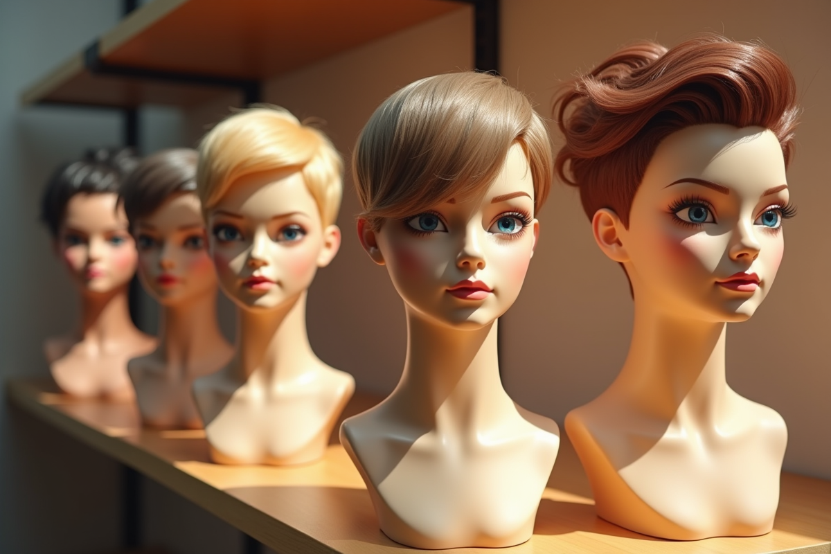 Vitrine de mannequins avec différentes coiffures et couleurs tendance