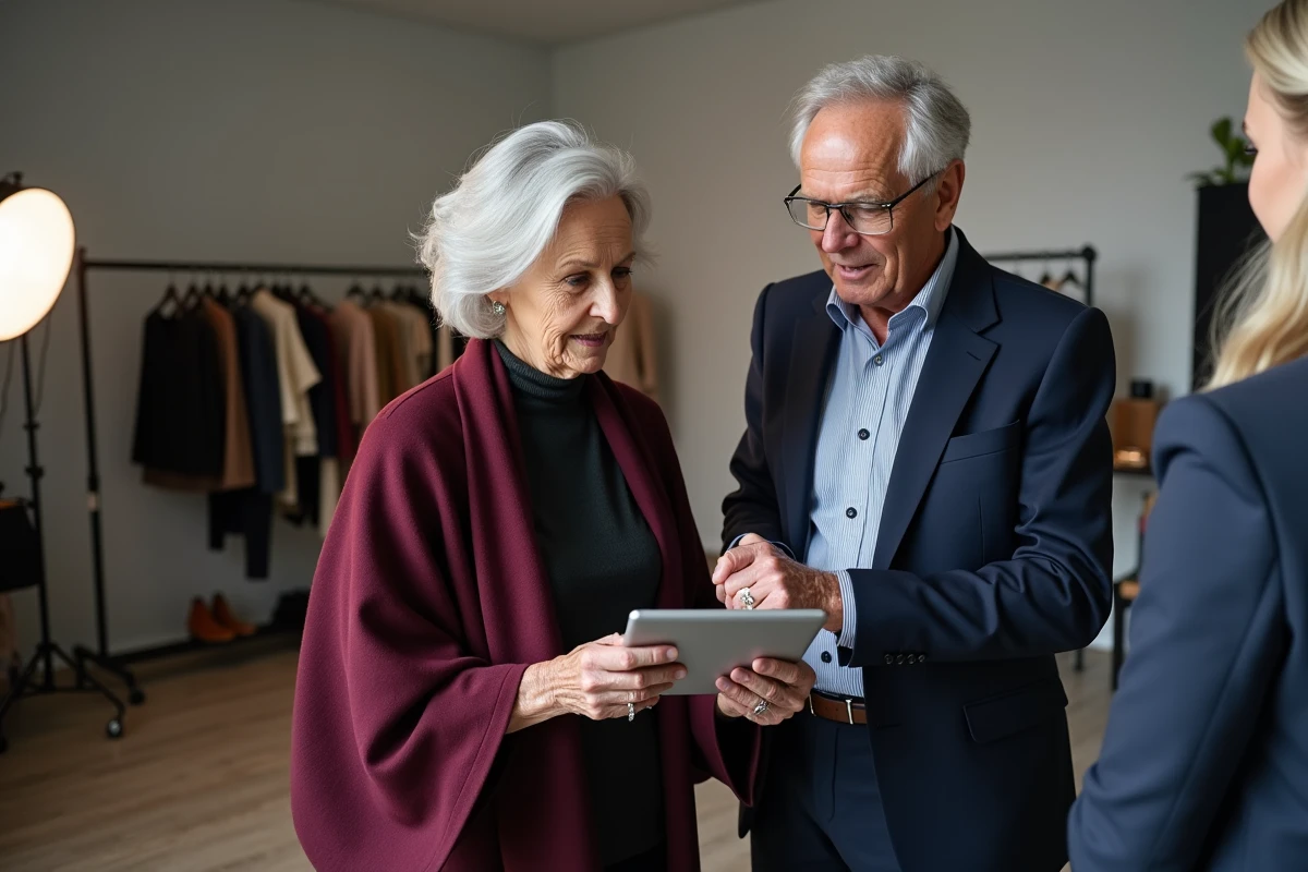 Deux mannequins seniors sur le plateau d'un shooting commercial mode, consultant des photos avec une équipe de stylisme