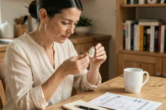 Femme examinant un camée bijou vintage en préparation d'une négociation de prix entre particuliers