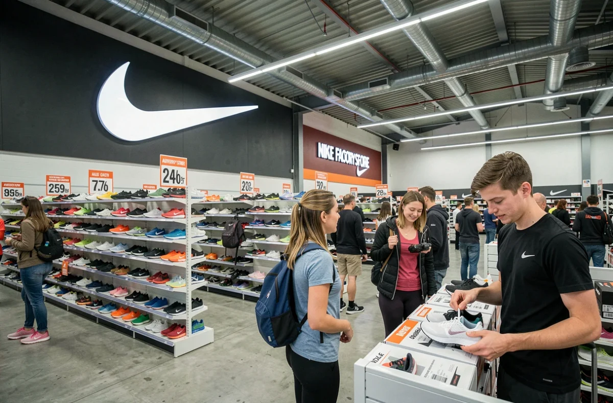 Intérieur du Nike Factory Store en Auvergne-Rhône-Alpes avec de longues rangées de chaussures de sport en promotion et des clients comparant des modèles