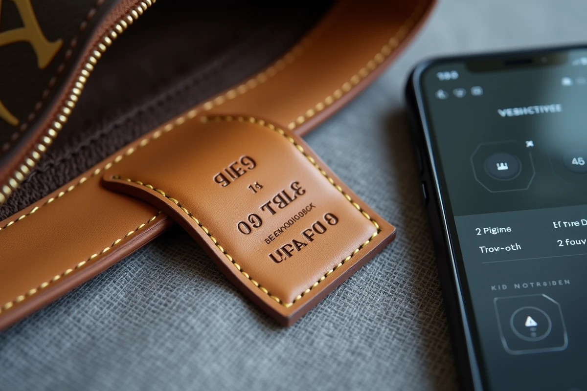 Numéro de série Louis Vuitton sur étiquette cuir avec smartphone affichant une interface d'authentification numérique