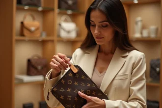 Femme inspectant le numéro de série intérieur d'un sac Louis Vuitton monogramme en boutique