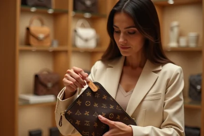 Femme inspectant le numéro de série intérieur d'un sac Louis Vuitton monogramme en boutique