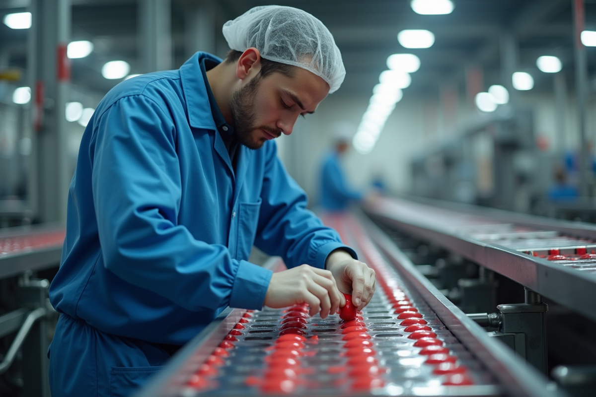Jeune homme versant du rouge à lèvres en usine cosmétique