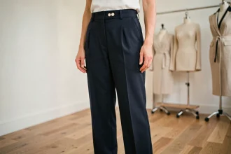 Pantalon haute couture en laine fine dans un atelier parisien, détails de couture artisanale visibles