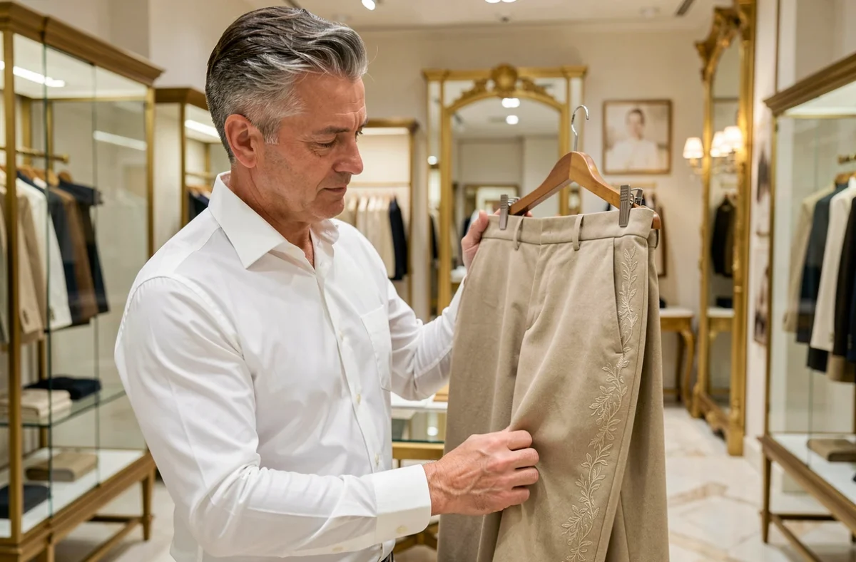 Conservateur de mode examinant un pantalon de luxe en cachemire dans une boutique haut de gamme