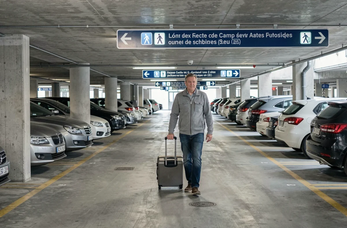 Parking souterrain sous les Champs-Élysées avec panneaux de signalisation en français et un homme portant une valise
