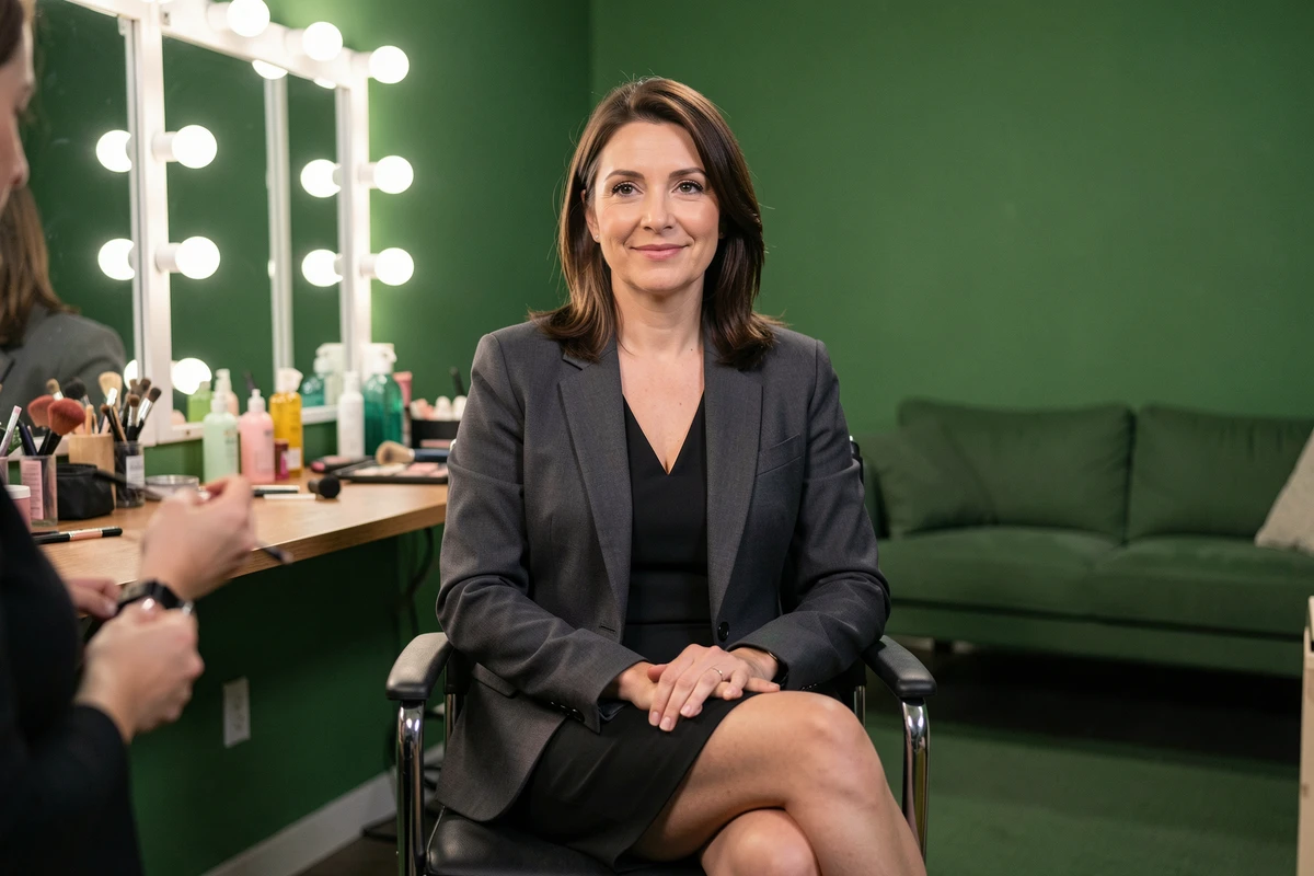 Personnalité médiatique féminine dans une loge de maquillage d'un studio de télévision, se préparant avant son passage à l'antenne avec une expression sereine