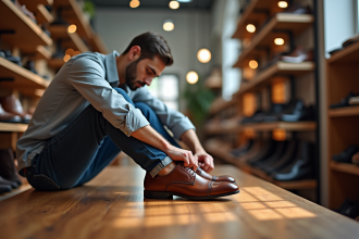 Personne essayant des chaussures en cuir dans un magasin lumineux