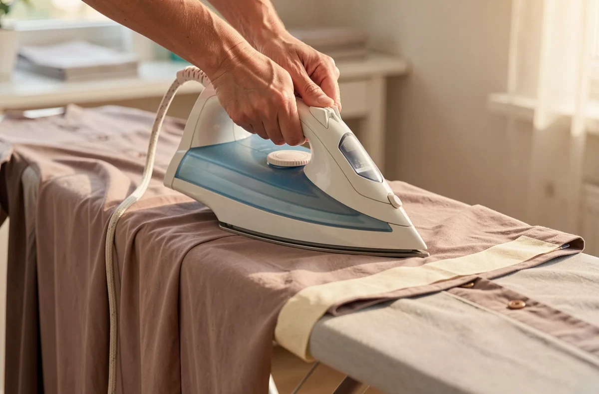 Pose d'un ruban thermocollant sur l'ourlet replié d'une robe au fer