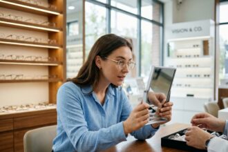 Jeune femme essayant des lunettes chez l'opticien lors de son premier rendez-vous en magasin