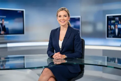 Présentatrice de télévision professionnelle assise au bureau d'un plateau de journal télévisé, vêtue d'un blazer élégant, expression assurée et naturelle