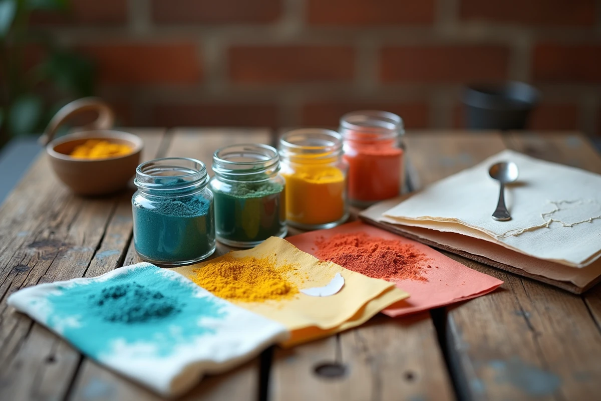 Produits de teinture pour polyester disposés sur une table en bois avec des échantillons de tissu et des notes artisanales