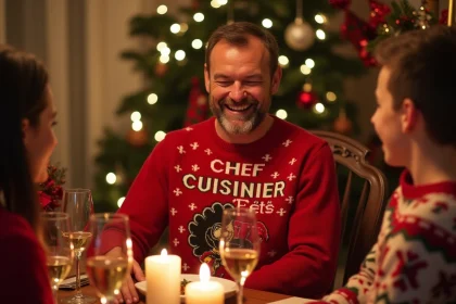 Homme portant un pull de Noël personnalisé avec un message humoristique autour d'une table de fête en famille