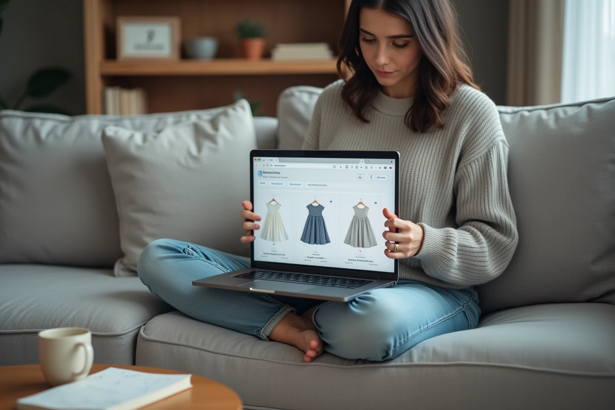 Femme recherchant une robe de baptême bébé en ligne sur un ordinateur portable, comparaison de boutiques et de tailles