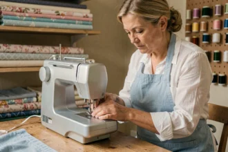 Femme ajustant un pied presseur sur une machine à coudre dans un atelier de couture maison