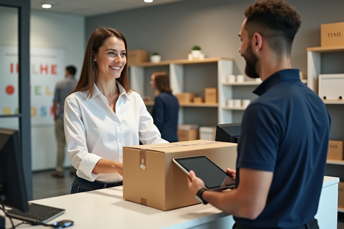 Cliente déposant un colis en retour au comptoir d'un service client de boutique en ligne
