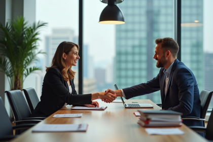 Deux professionnels se serrant la main dans un bureau moderne