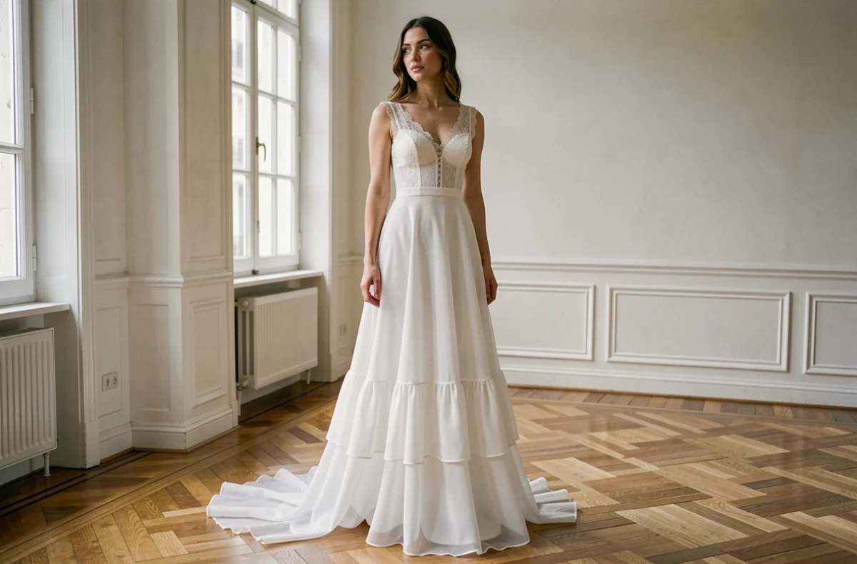 Robe blanche longue empire en dentelle portée dans un appartement haussmannien, style chic et élégant effet silhouette allongée