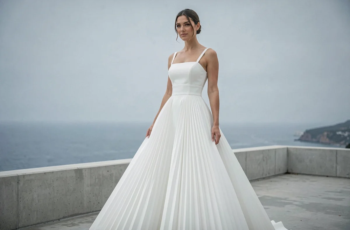 Femme en robe blanche longue empire à jupe plissée sur une terrasse en béton avec vue côtière, look chic et silhouette de rêve