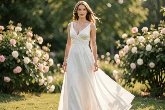 Femme portant une longue robe blanche style empire en chiffon dans un jardin fleuri, silhouette élégante mise en valeur