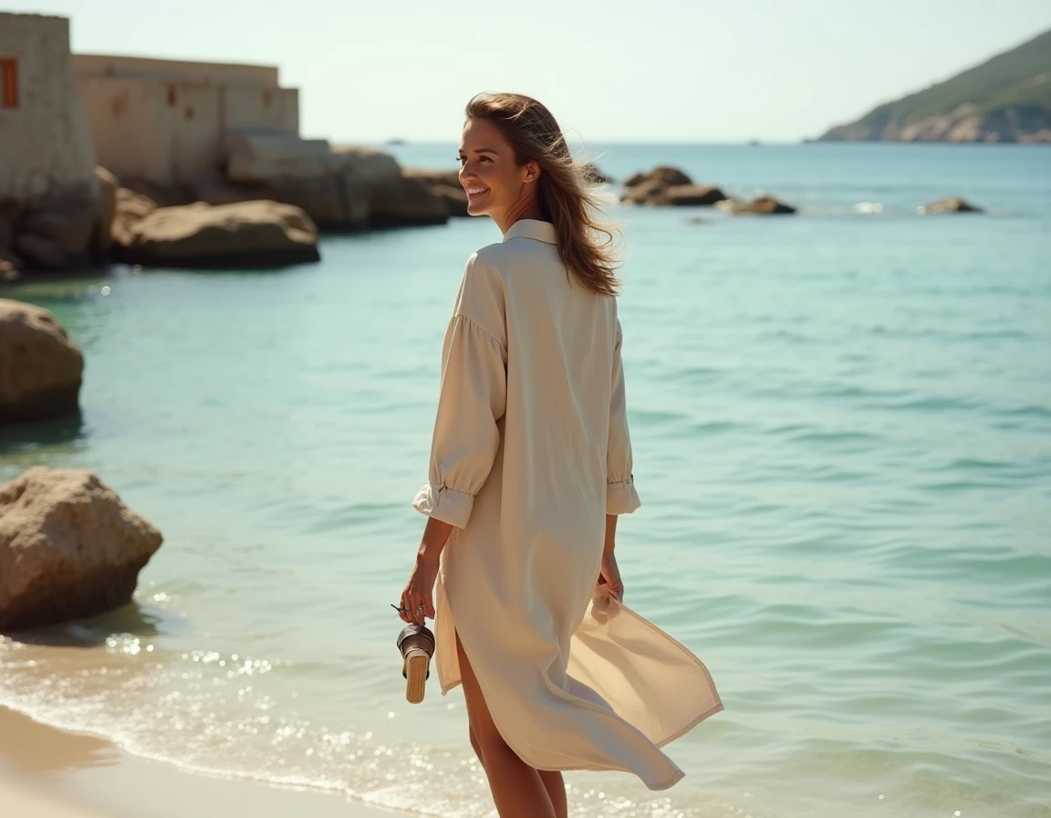 Femme de dos en robe chemise beige oversize se promenant le long d'une plage méditerranéenne rocheuse, look minimaliste plage