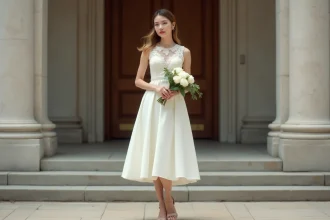 Femme en robe courte cocktail ivoire avec dentelle pour un mariage civil devant une mairie