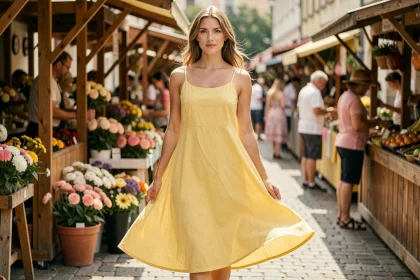 Femme portant une robe d'été jaune fluide coupe A-line dans un marché en plein air, style naturel et élégant