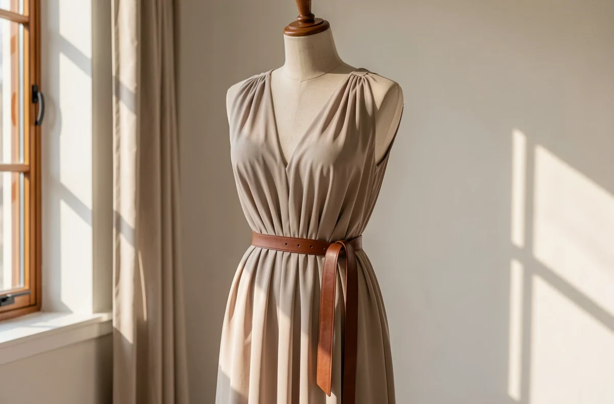 Robe longue remontée à la taille par une ceinture en effet blousé