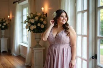 Femme en robe de mariée pastel mauve ajustant une coiffure florale