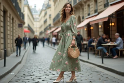 Femme élégante en robe midi fleurie et ballerines blanches dans une rue pavée parisienne