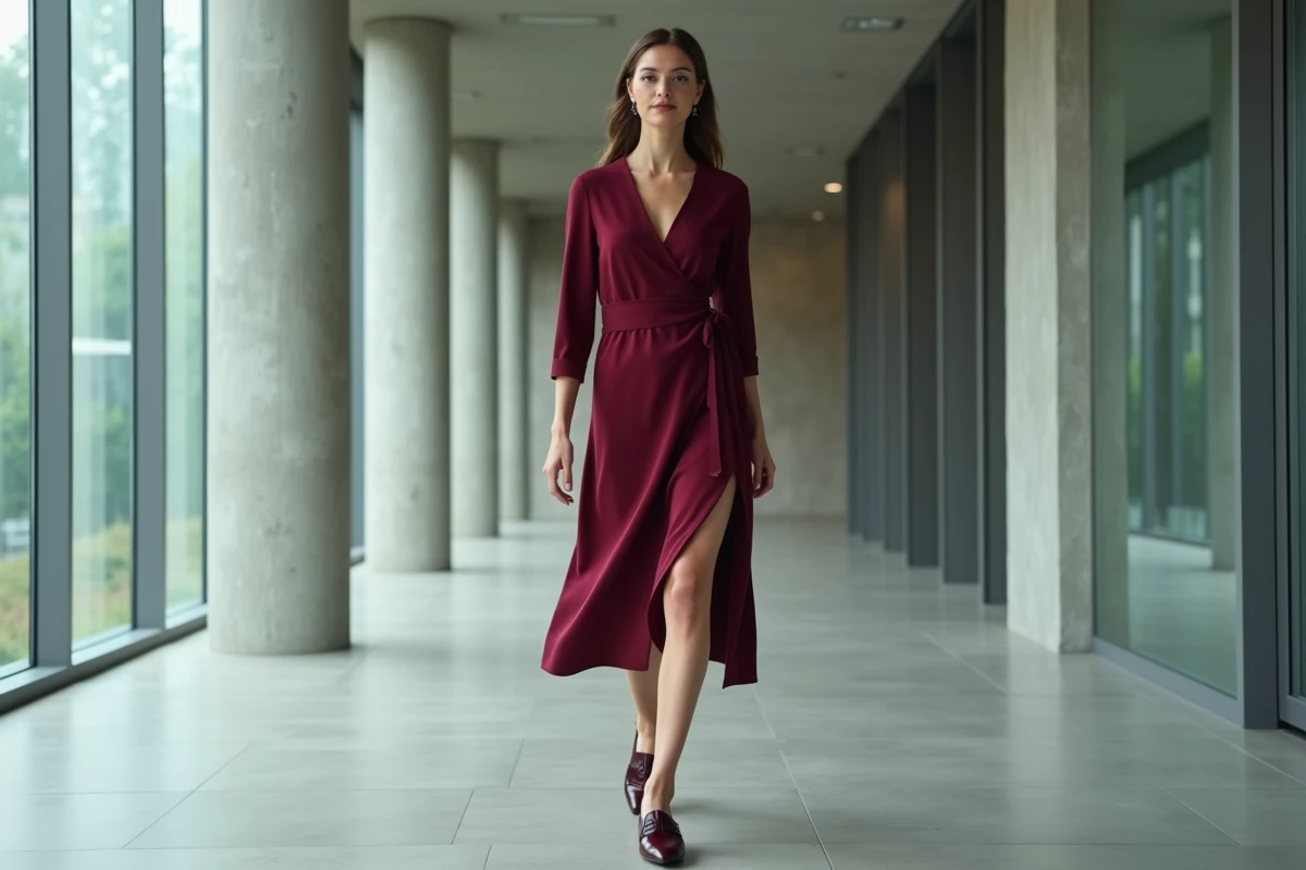 Femme professionnelle en robe portefeuille bordeaux et mocassins plats dans un lobby moderne