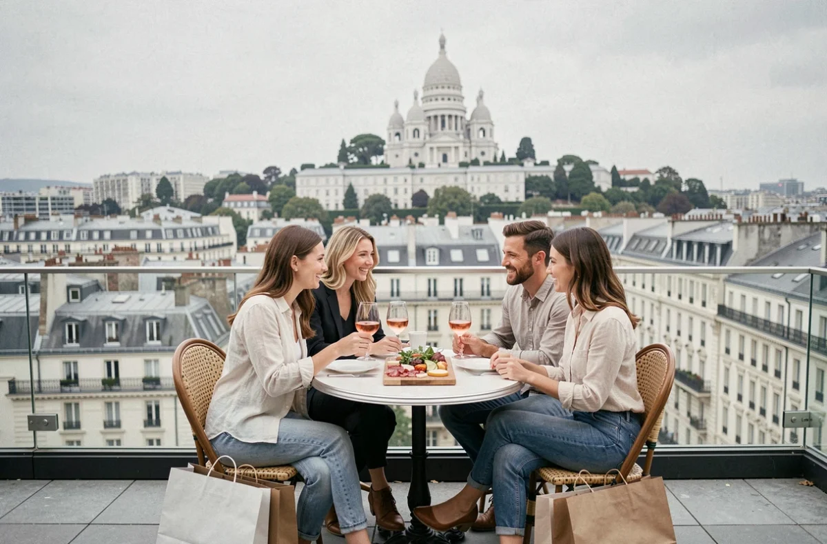 Groupe d'amis parisiens qui se reposent sur un rooftop avec vue sur Montmartre après une session de shopping dans un grand magasin