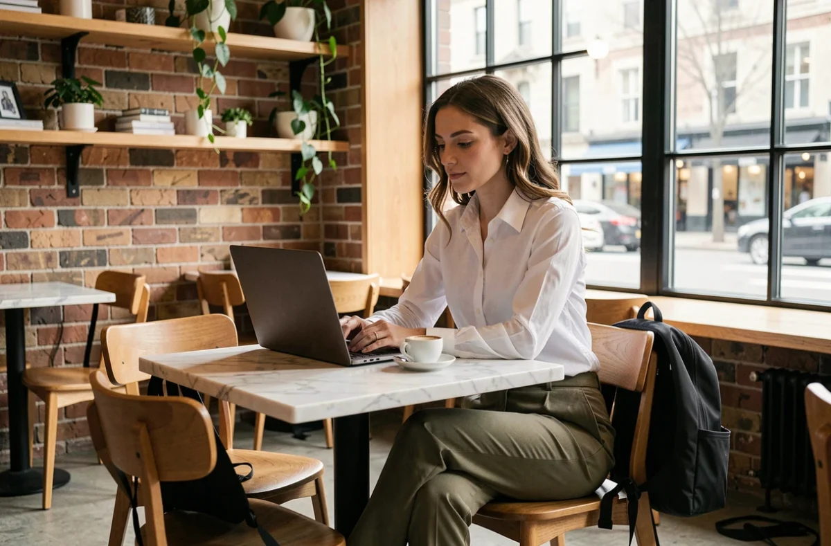Femme professionnelle avec un sac à dos minimaliste noir dans un café parisien moderne, ambiance travail urbain