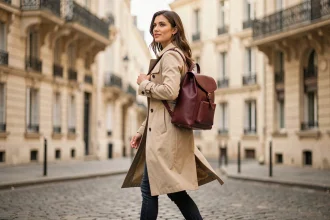 Femme élégante portant un sac à dos en cuir bordeaux dans une rue pavée parisienne, style chic et urbain