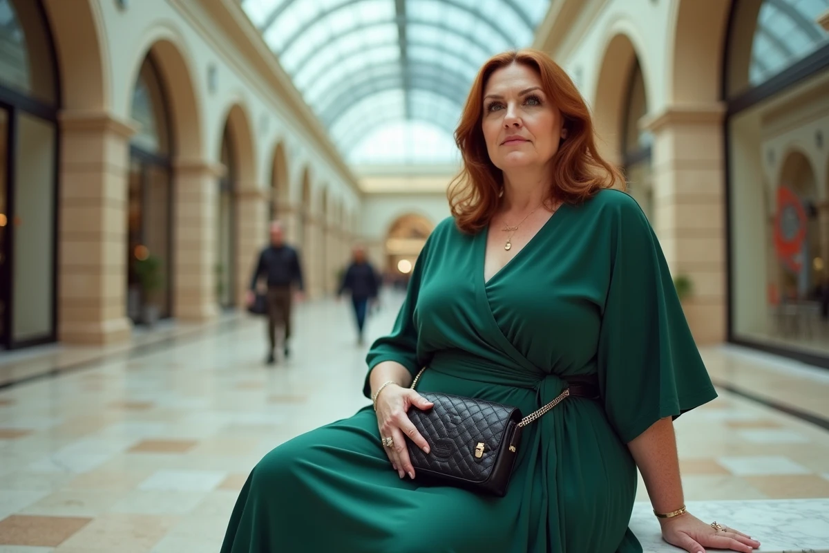Femme ronde en robe verte portant un sac bandoulière noir structuré dans une galerie marchande moderne
