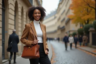 Femme aux courbes élégantes portant un sac cabas en cuir cognac dans une rue parisienne pavée en automne