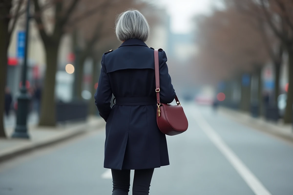 Femme élégante aux cheveux grisonnants portant un sac demi-lune bordeaux en cuir lisse sur un boulevard urbain