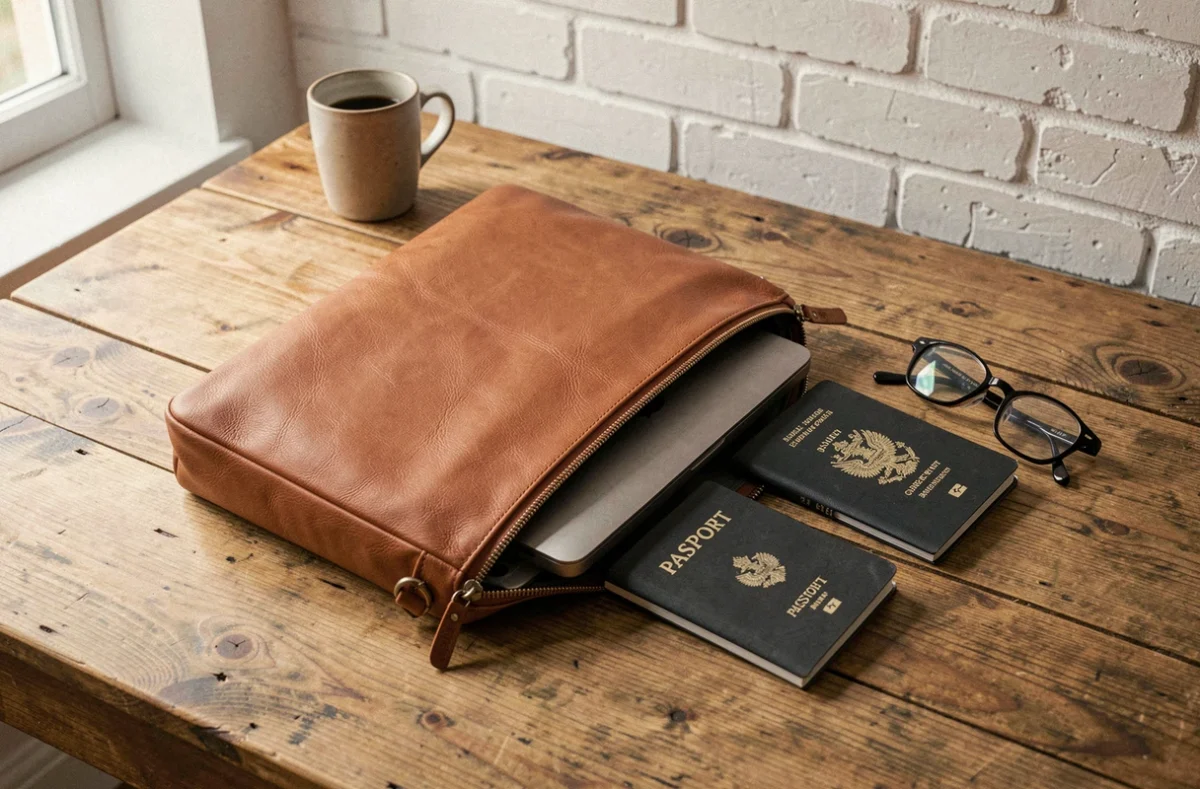 Sacoche cuir cognac bandoulière pour ordinateur portable ouverte sur une table en bois avec laptop et accessoires