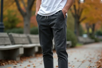 Homme portant un sarouel jogging homme gris anthracite dans un parc urbain, tenue décontractée et confortable