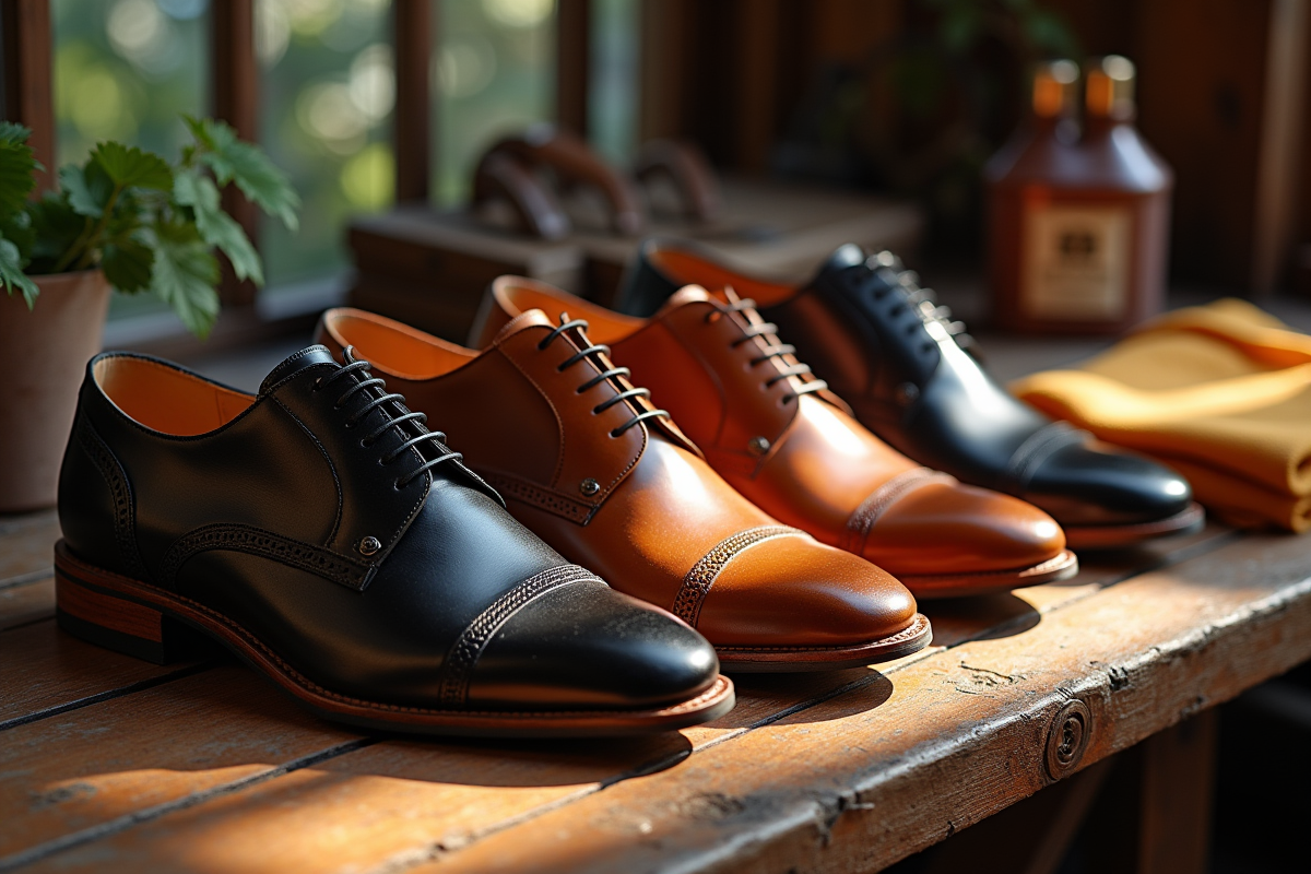 Sélection de chaussures en cuir sur une table en bois rustique