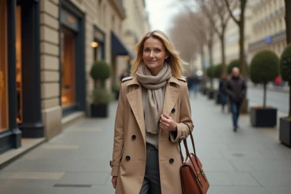 Femme élégante portant un trench-coat beige et un sac en cuir structuré se promenant devant les boutiques de luxe de l'Avenue Montaigne à Paris