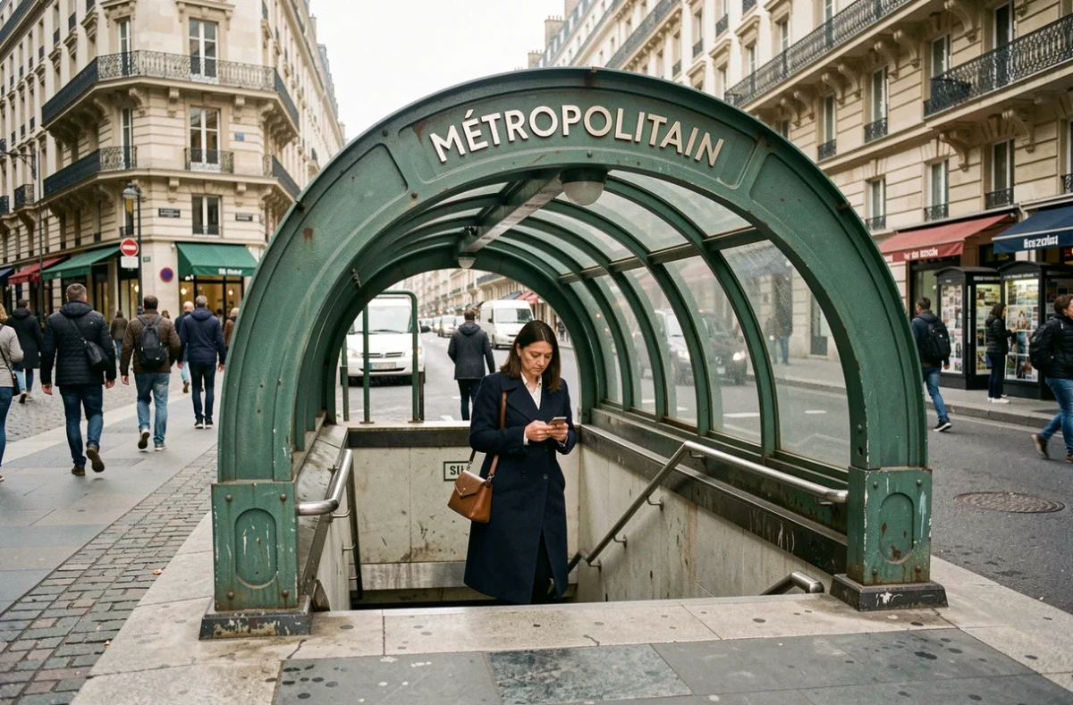 Entrée d'une station de métro sur les Champs-Élysées avec son architecture Art Nouveau et des passants parisiens