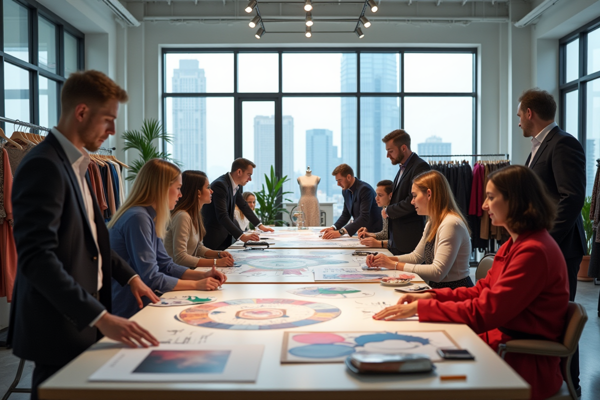 Studio de creation mode lumineux avec designers et tissus