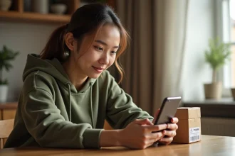 Jeune femme suivant l'envoi de son colis Vinted Go sur son smartphone depuis sa cuisine