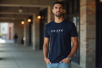 Jeune homme portant un t-shirt graphique inspiré de Drake dans un environnement urbain moderne