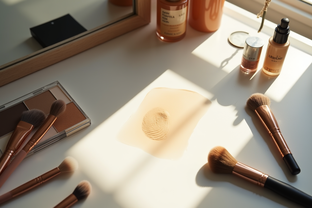 Table de maquillage avec pinceaux et miroir en lumière naturelle
