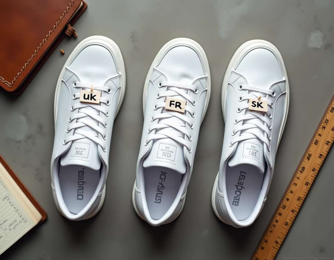Comparaison de trois sneakers blanches étiquetées UK, FR et US sur béton avec carnet de conversion des tailles de chaussures