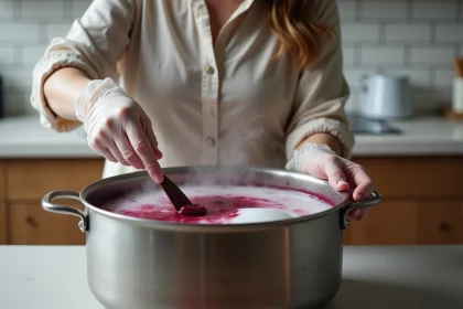 Femme en train de teindre un vêtement en polyester dans une casserole avec de la teinture professionnelle bordeaux